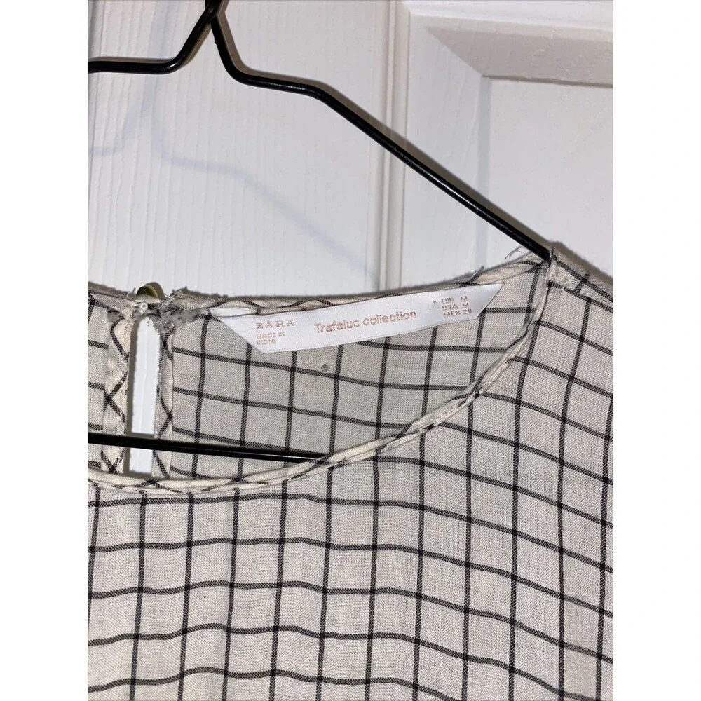 Zara Trafaluc Blouse Grid White Black Embroidered Side Tie Top Size Medium Fall